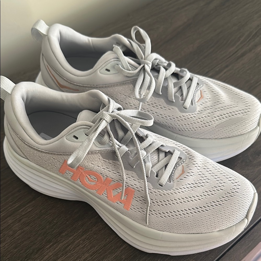 Hoka Light Gray and Peach Athletic Shoes
